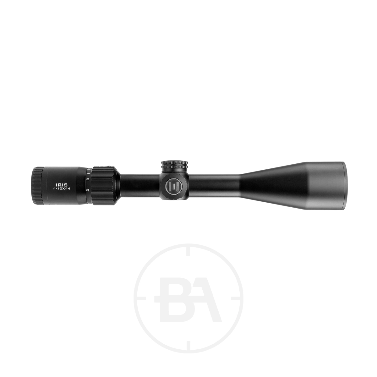 Element Optics Iris 4-12×44 SFP Rifle Scope 1 An Element Optics Iris 4-12×44 SFP Rifle Scope With Mounts in black, featuring adjustment dials, shown from the side against a plain white background.