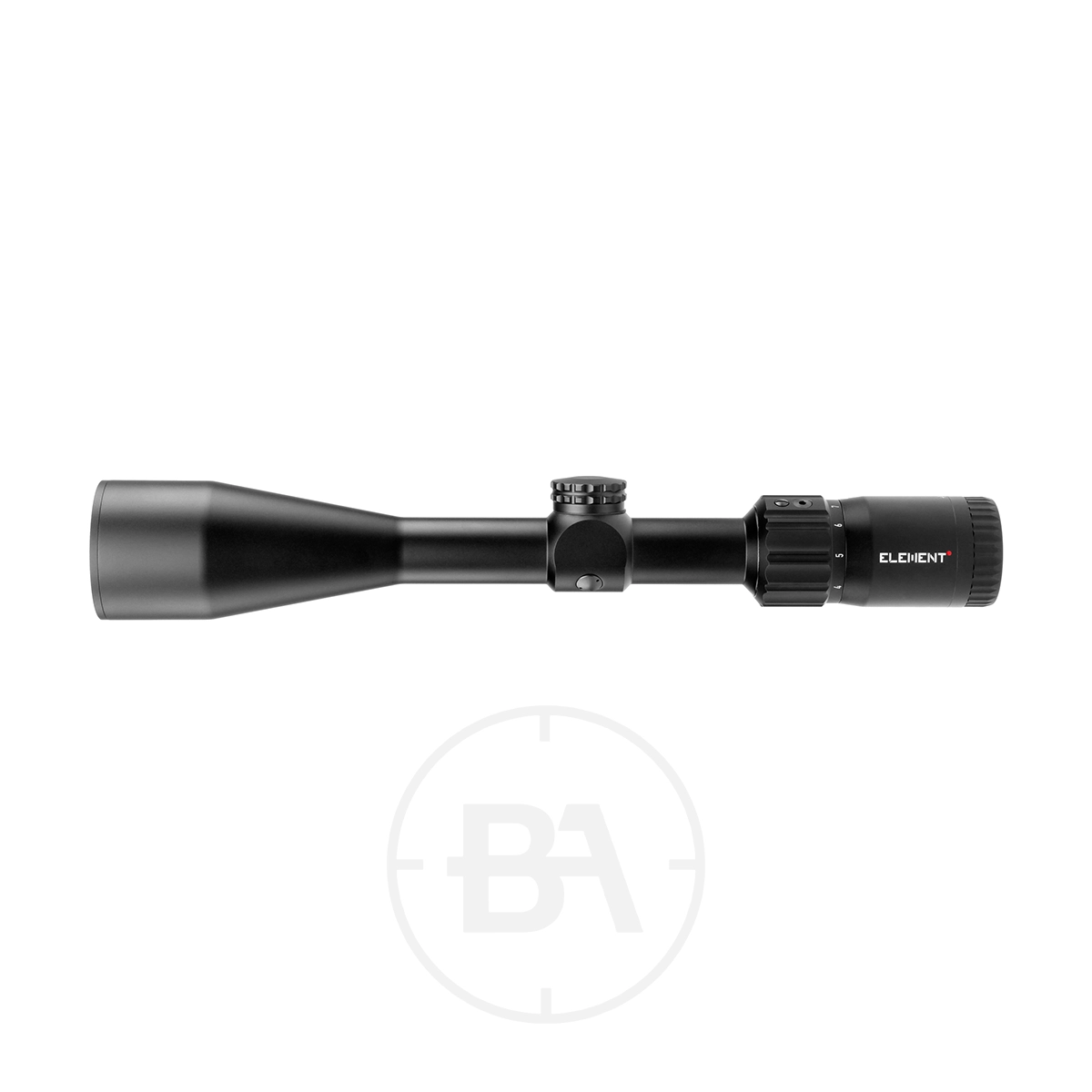 Element Optics Iris 4-12×44 SFP Rifle Scope 3 The Element Optics Iris 4-12×44 SFP Rifle Scope With Mounts in black features adjustment knobs and "ELEMENT" branding on the eyepiece, offering precision optics for shooters. Shown on a white background.