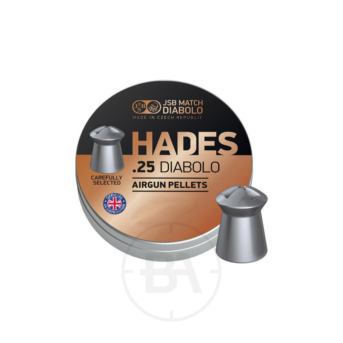 JSB Hades .25 Pellets 26.5gr 6.35mm (x300) 1 A round tin labelled "JSB Hades .25 Pellets 26.5gr 6.35mm (x150)" with two diabolo-shaped pellets beside it. The black and bronze tin shows British and Czech markings, highlighting quality airgun ammunition.