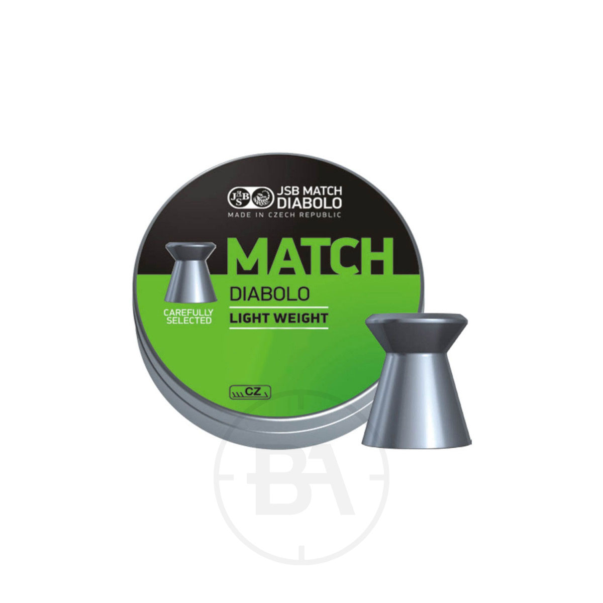 JSB Match Diabolo Light Weight .177 Pellets 7.3gr 4.51mm (x500) 1 A round tin of JSB Match Diabolo Light Weight .177 Pellets 7.3gr 4.49mm (x500) made in the Czech Republic features a green and black design and is shown with a single silver pellet beside it.