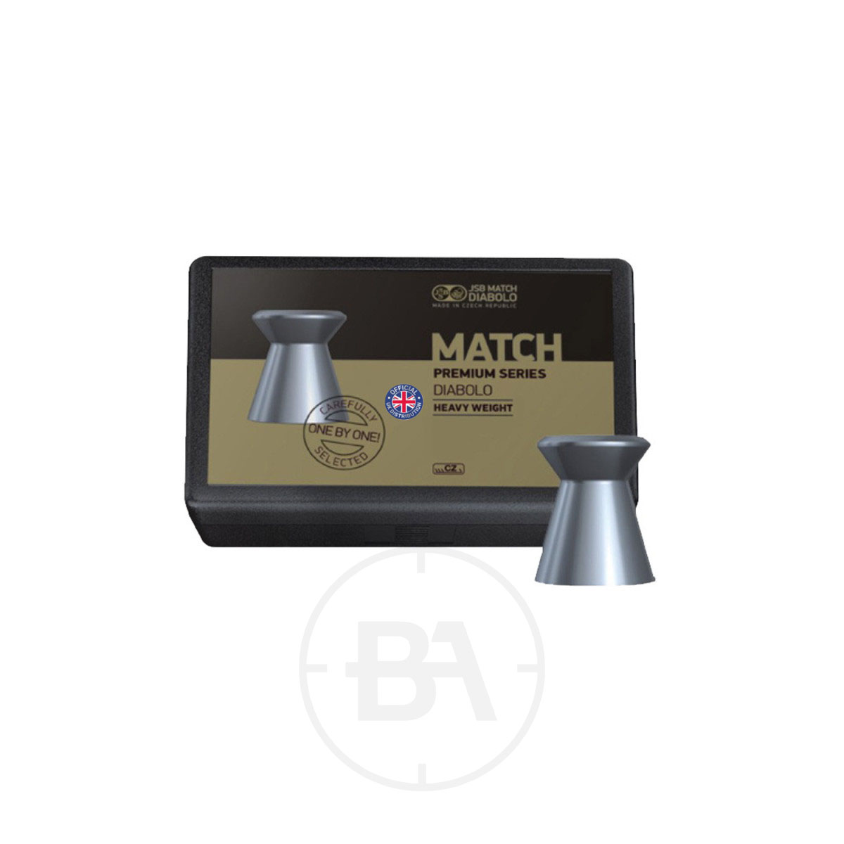 JSB Match Premium Heavy .177 Pellets 8.2gr 4.50mm (x200) 1 A black box labelled "JSB Match Premium Heavy .177 Pellets 8.2gr 4.49mm (x200)" features a British flag and a gold circular emblem, with two metallic pellets displayed in front.