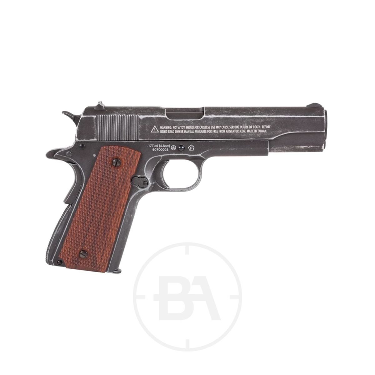 John Wayne Colt 1911 Commemorative CO2 Pistol 4.5mm BB 3 The John Wayne Colt 1911 Commemorative CO2 Pistol 4.5mm BB features a dark metal frame and brown textured wooden grip, displayed on a white background.