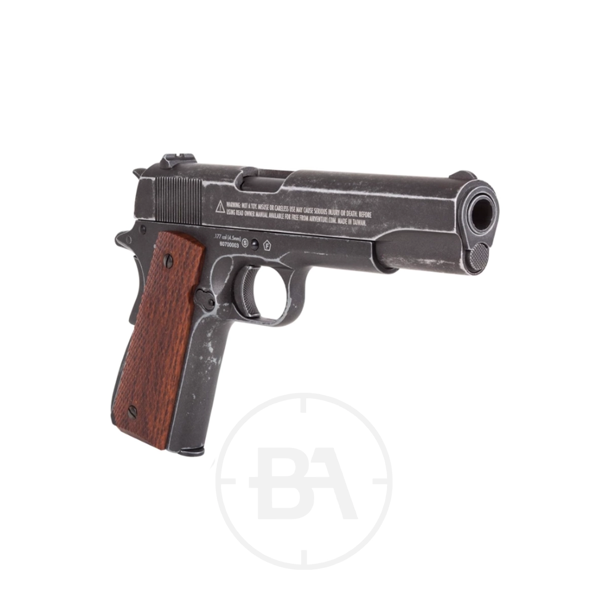 John Wayne Colt 1911 Commemorative CO2 Pistol 4.5mm BB 5 A John Wayne Colt 1911 Commemorative CO2 Pistol 4.5mm BB, black with a brown textured grip, shown angled on a white background. This semi-automatic airgun offers classic style and fires 4.5mm BBs.
