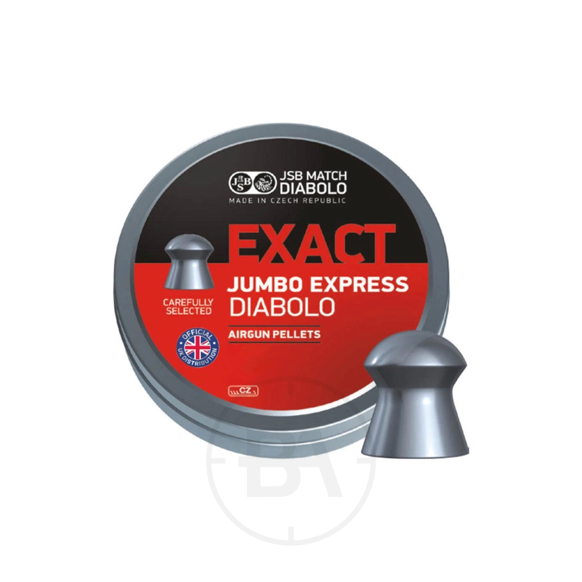 JSB Exact Jumbo Express .22 Pellets 14.3gr 5.52mm (x250) 1 A tin of JSB Exact Jumbo Express .22 Pellets 14.3gr 5.52mm (x250) with a silver pellet next to it; the red, grey, and black label displays product information and logos.