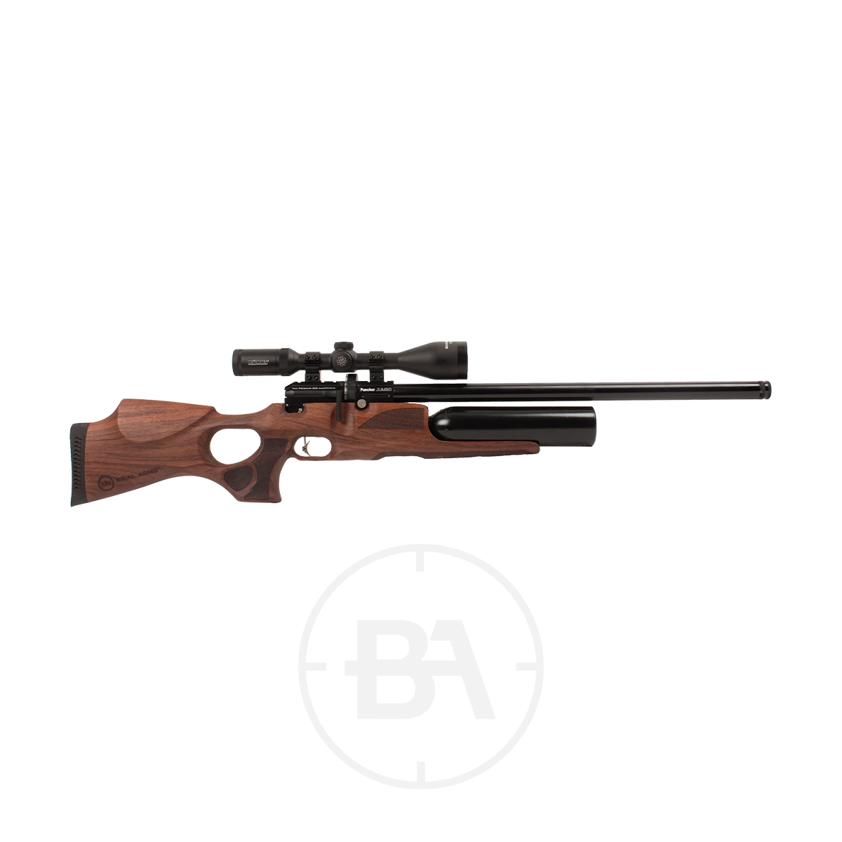 Kral Arms Puncher Jumbo PCP Air Rifle With Hard Case 3 Side view of a wooden air rifle in .177 caliber with a Walnut stock, mounted scope, and cylindrical black air tank beneath the barrel, displayed on a white background.
