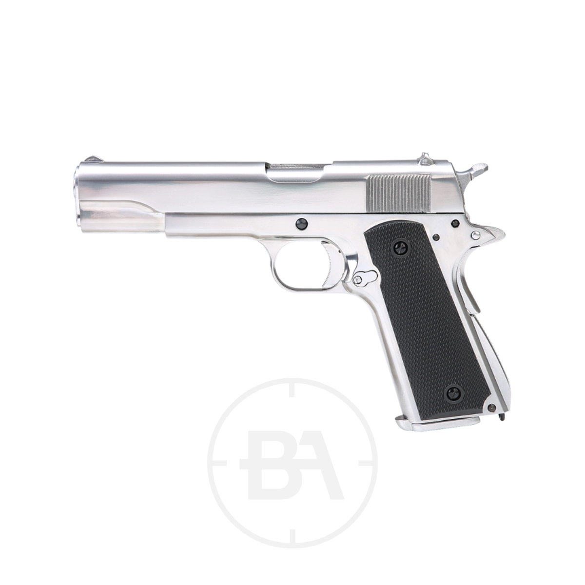 Krown Land 1911 CO2 BB Pistol With Hard Case 1 A Krown Land KL 1911 CO₂ BB Pistol in silver, featuring a black textured grip, is shown from the side on a plain white background.