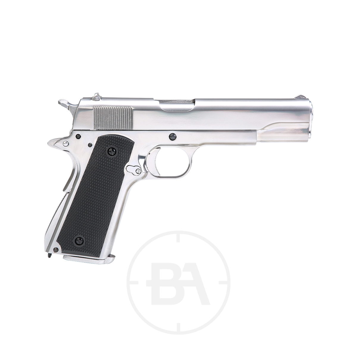 Krown Land 1911 CO2 BB Pistol With Hard Case 2 A Silver Krown Land KL 1911 CO2 BB Pistol with a black textured grip, shown in a side profile view on a white background.
