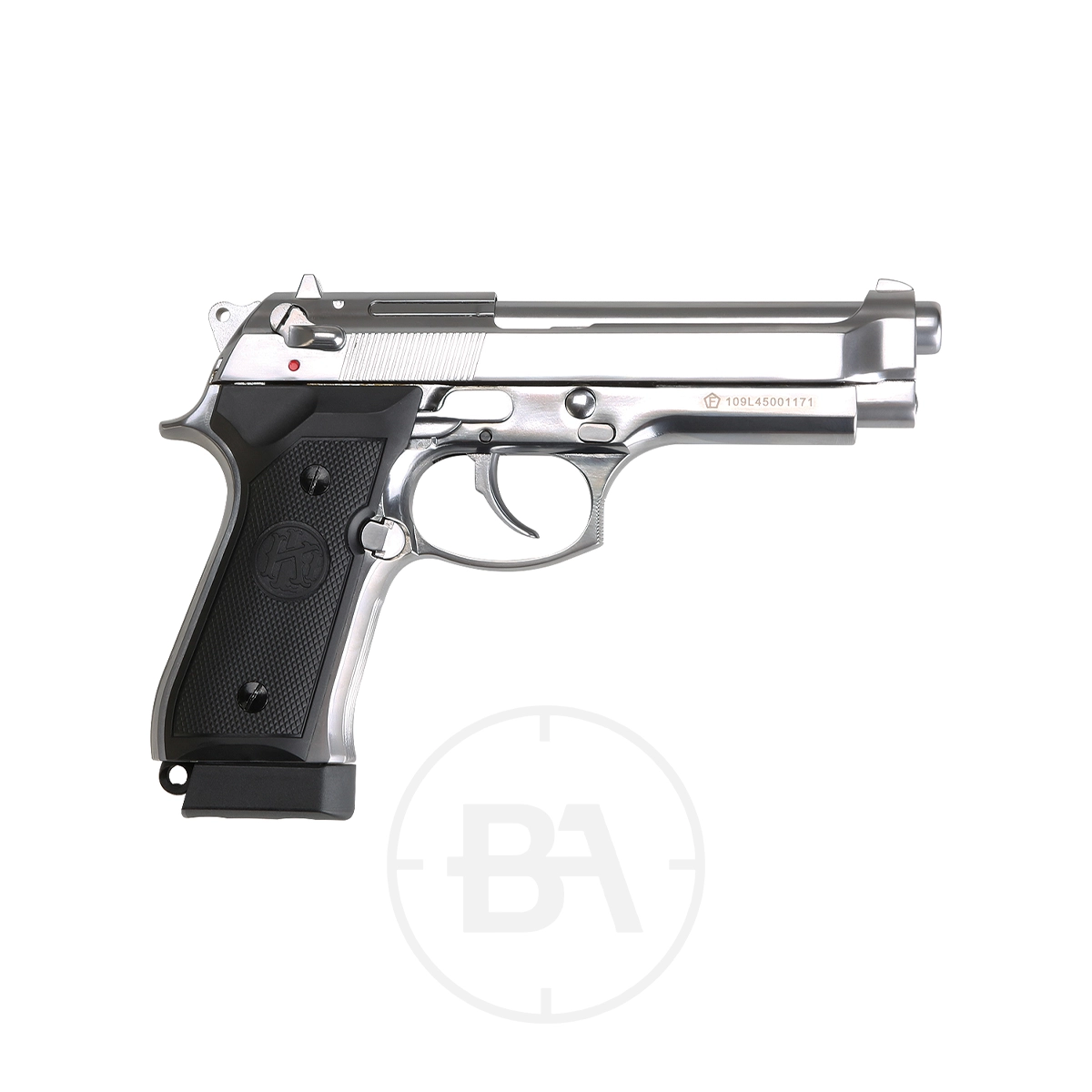 Krown Land 92 CO2 BB Pistol With Hard Case 2 A silver Krown Land 92 CO2 BB Pistol with black grips is displayed on a white background, shown from the side with the trigger and barrel visible.