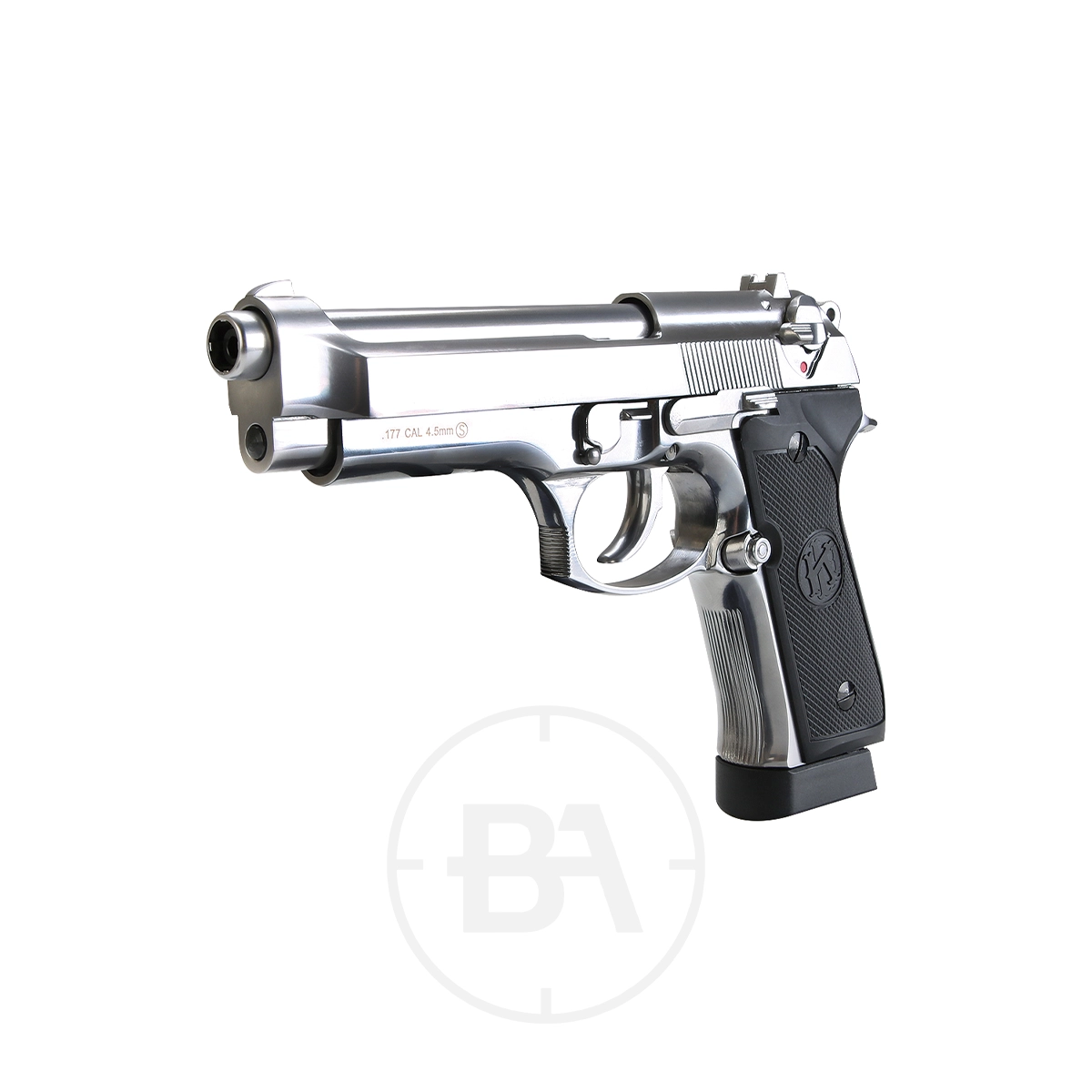 Krown Land 92 CO2 BB Pistol With Hard Case 3 A silver Krown Land 92 CO2 BB Pistol with a black grip, shown angled left and isolated on a white background.