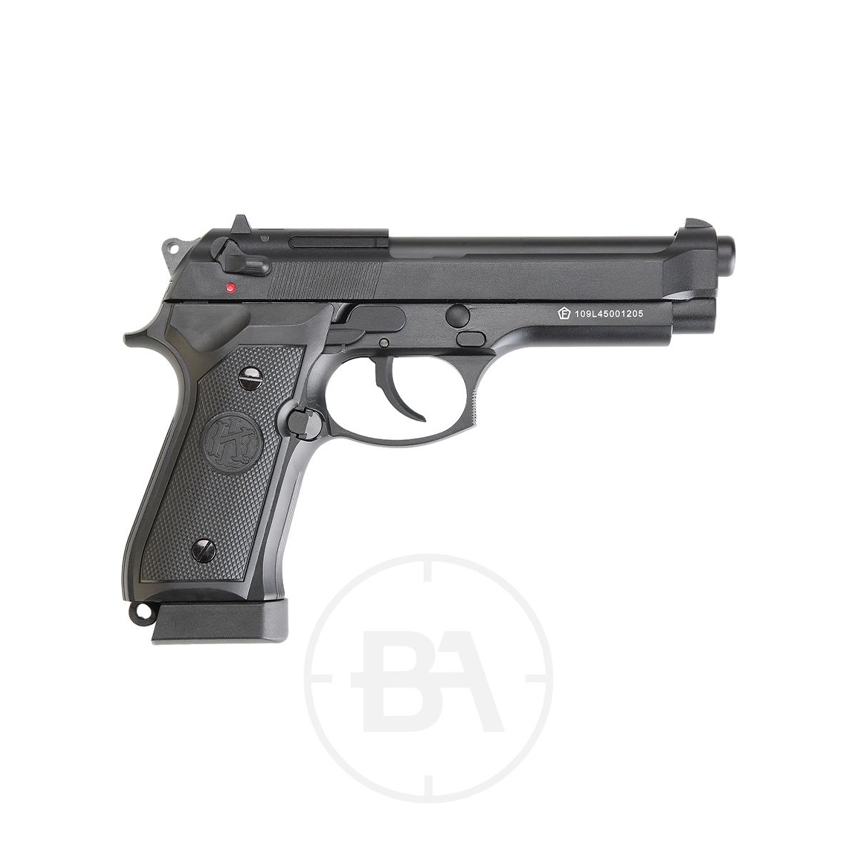 Krown Land 92 CO2 BB Pistol With Hard Case 4 A Krown Land 92 CO2 BB Pistol, black and semi-automatic, is displayed in side profile against a plain white background.