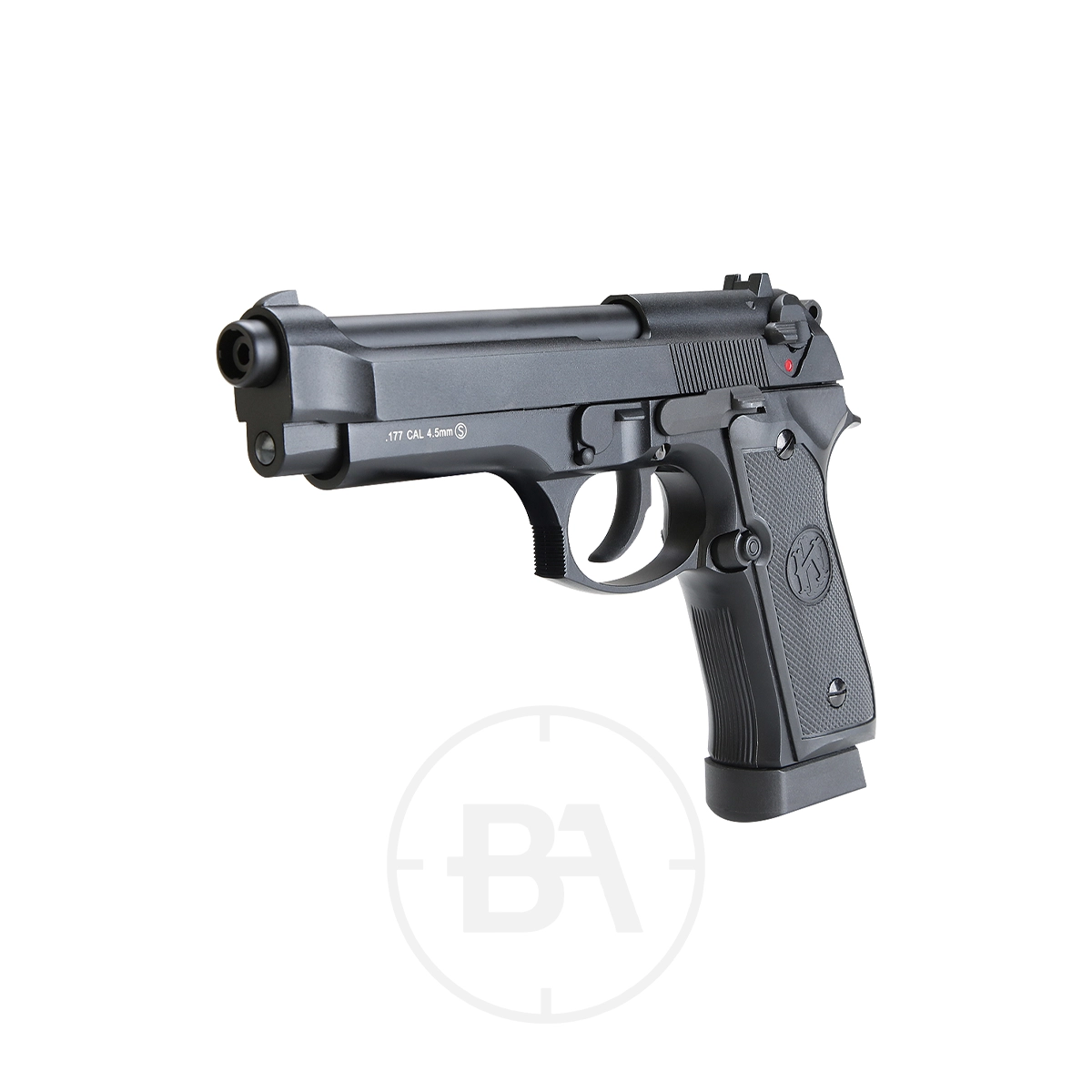 Krown Land 92 CO2 BB Pistol With Hard Case 5 The Krown Land 92 CO2 BB Pistol, featuring a black finish and textured grip, is shown against a white background, angled slightly to the left.