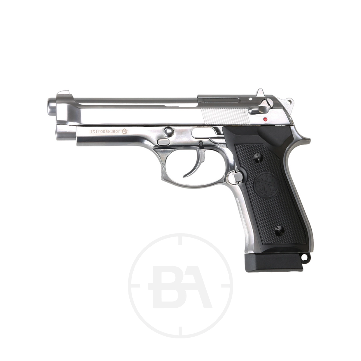 Krown Land 92 CO2 BB Pistol With Hard Case 1 The Krown Land 92 CO2 BB Pistol, featuring a silver finish and black textured grip, is shown in profile facing left on a plain white background.