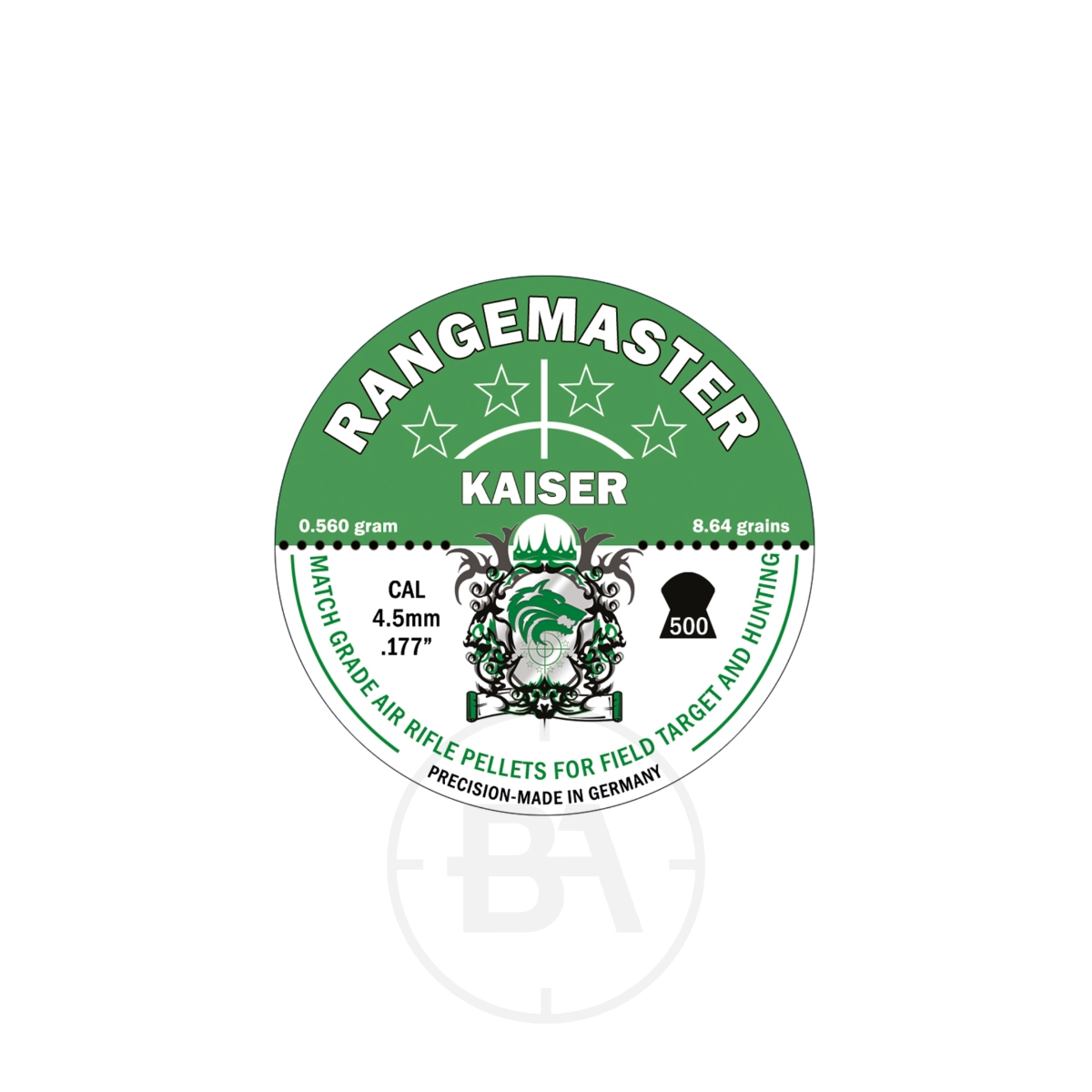 Rangemaster Kaiser .177 , 8.64gr 4.51 (500) 1 A round tin of Rangmaster Kaiser .177, 8.64gr, 4.51mm pellets (500 count), ideal for field target and hunting, made in Germany.