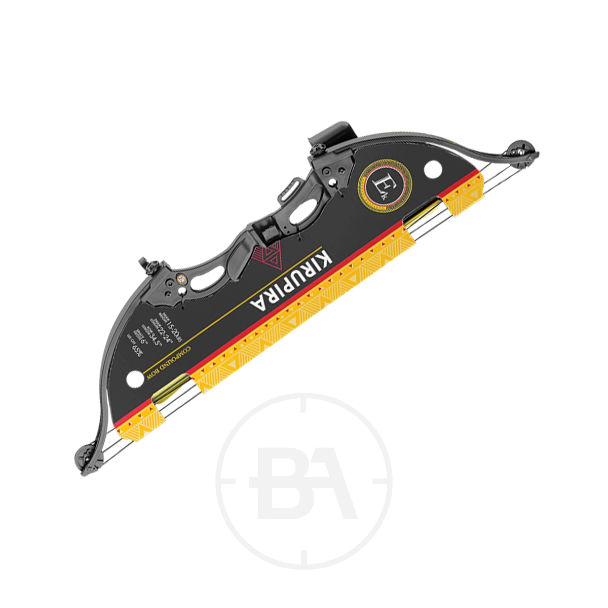 EK Archery Kirupira Youth Compound Bow Bundle 1 A black and yellow EK Archery Kiruppira Youth Compound Bow Bundle is shown on a white background with a faint "BA" watermark, ideal for those seeking youth compound bow options.