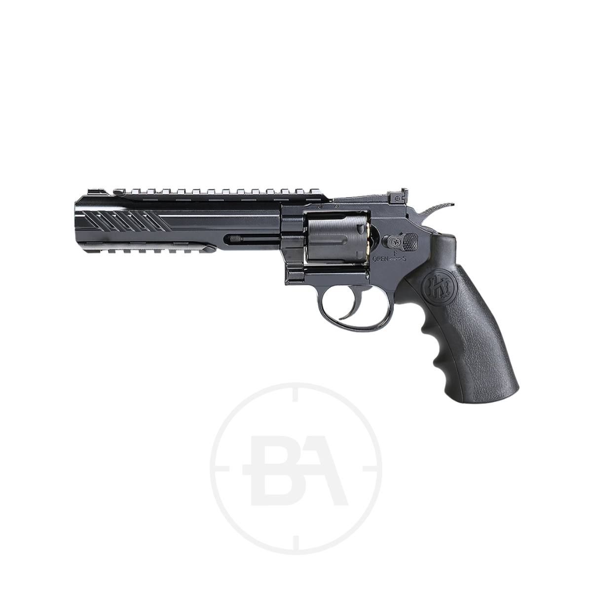 Krown Land Herc 6" CO2 BB Revolver With Hard Case 2 A black Krown Land CO2 BB revolver with a textured grip and a 6 inch long barrel is shown on a white background, viewed from the side.