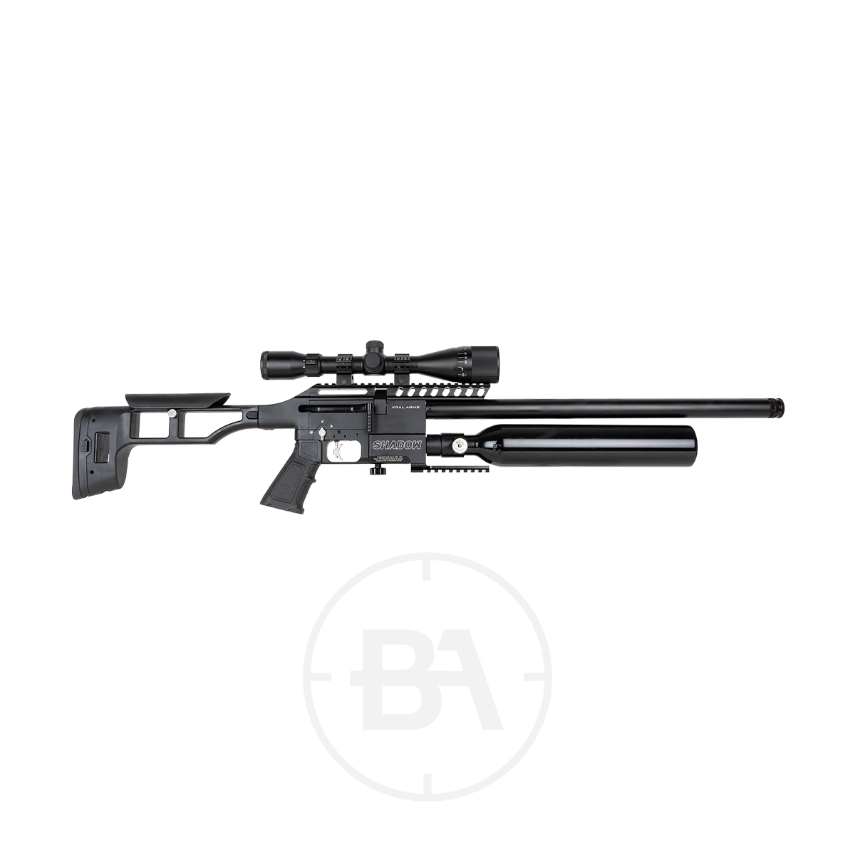 Kral Shadow Regulated PCP Air Rifle 1 The Kral Shadow PCP Air Rifle, displayed on a white background, features a tactical adjustable stock, large air cylinder beneath the barrel, and mounted scope.