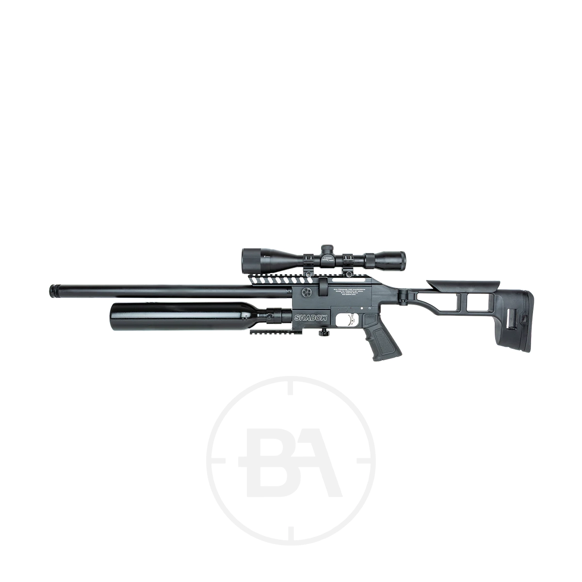 Kral Shadow Regulated PCP Air Rifle 7 The Kral Shadow PCP Air Rifle in black features a long barrel, telescopic sight, adjustable stock, and a large air cylinder beneath the barrel, showcased on a white background.
