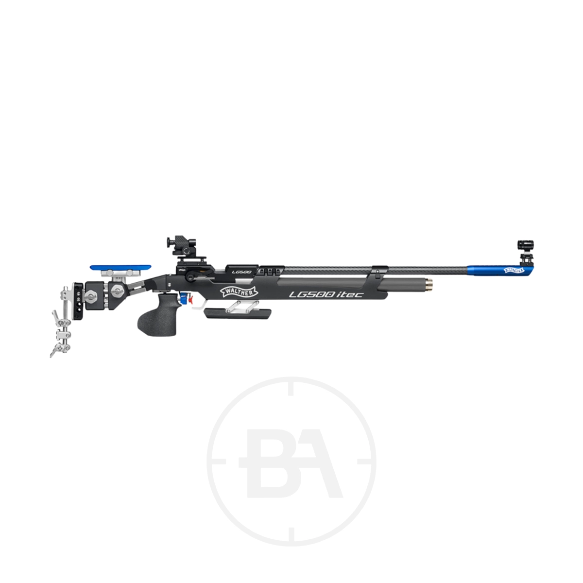 Carl Walther LG500 ITEC BTe Electronic Trigger Match Target Rifle 1 Side view of the Walther LG500 ITEC BTe Match Target Rifle, shown with black, blue, and silver parts against a white background.