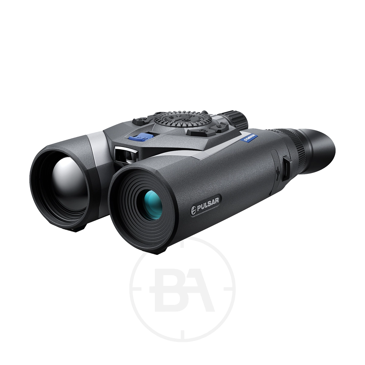 Pulsar Symbion LRF DXR50 Multispectral Binoculars 1 A black Pulsar Symbion LRF DXR50 Multispectral Binoculars with dual lenses, a top control dial, and a rubberised eyepiece is shown angled on a white background.