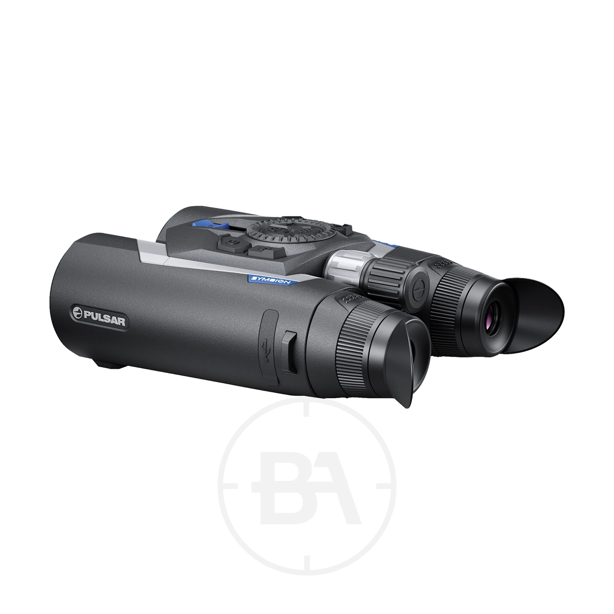 Pulsar Symbion LRF DXR50 Multispectral Binoculars 5 The Pulsar Symbion LRF DXR50 Multispectral Binoculars, in black with textured grips and adjustable eyepieces, plus buttons and dials on top, are displayed against a white background.