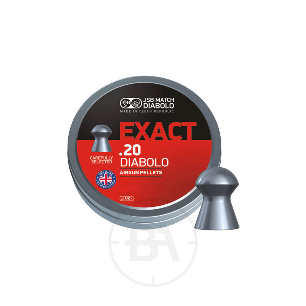 JSB Diabolo Exact .20 Pellets 13.7gr 5.1mm (x500) 1 A round tin labelled "JSB Diabolo Exact .20 Pellets 13.7gr 5.1mm (x500)" with a red and grey design, plus a single grey pellet beside the tin.