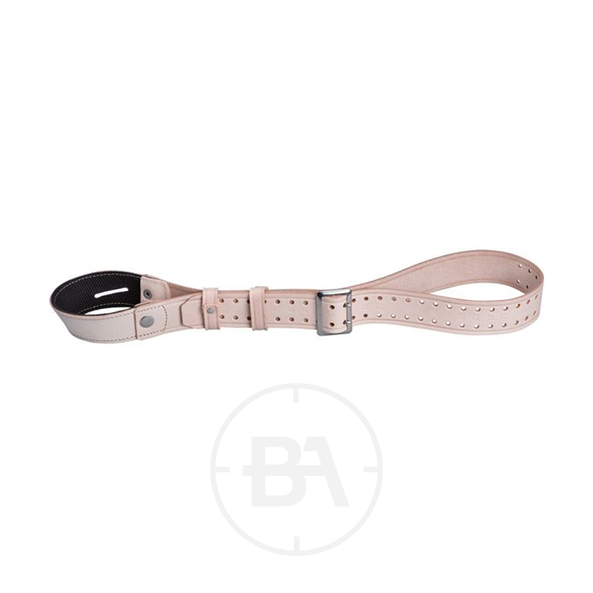 Gehmann Leather Single Point Sling 1 The Gehmann Leather Single Point Sling is a beige leather rifle sling with a silver buckle and multiple holes, shown looped on a white background.