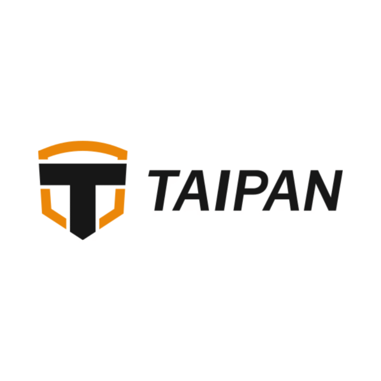 Logo with a black letter "T" inside an orange shield outline, next to the word "TAIPAN" in bold, black uppercase letters on a white background.