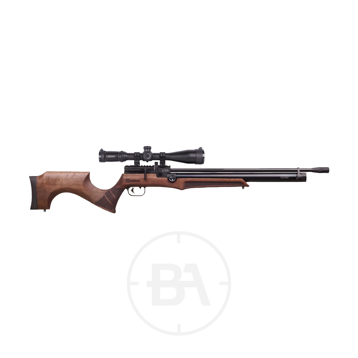 Reximex Lyra PCP Air Rifle 7 A side view of a Reximex Lyra PCP Air Rifle with a mounted scope, featuring a detailed wooden stock, long barrel for .177 pellets, and black metal components, displayed on a white background.