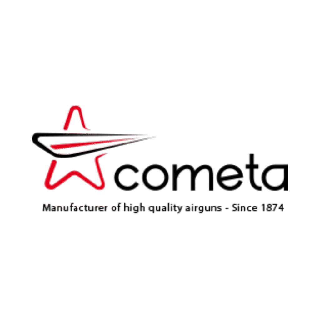Cometa logo with a stylized red star and black swoosh, accompanied by the text "cometa" and "Manufacturer of high quality airguns - Since 1874.