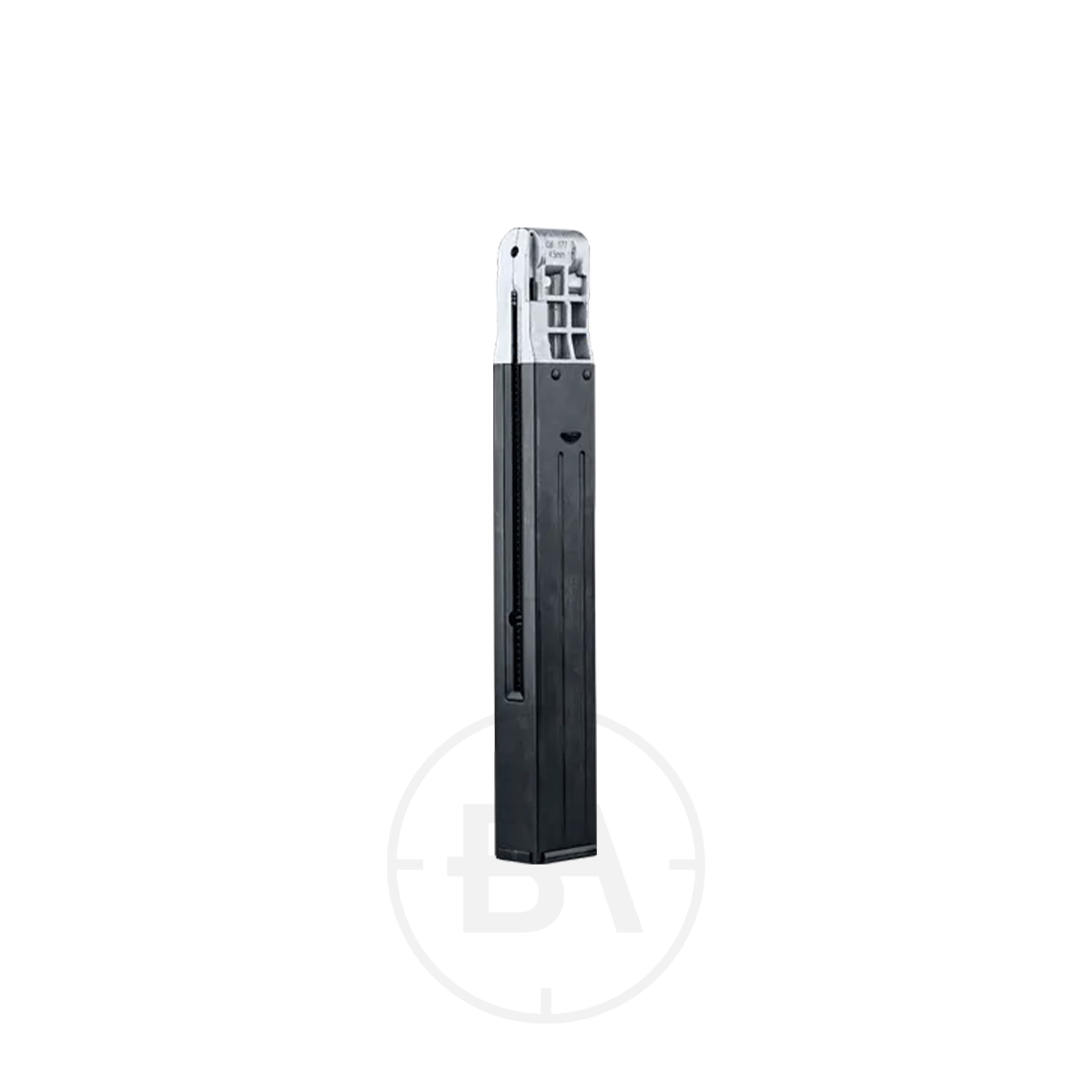 Umarex Legends MP German 50 Round BB Magazine 1 A black and silver rectangular Umarex Legends MP German 50 Round BB Magazine stands upright on a white background.
