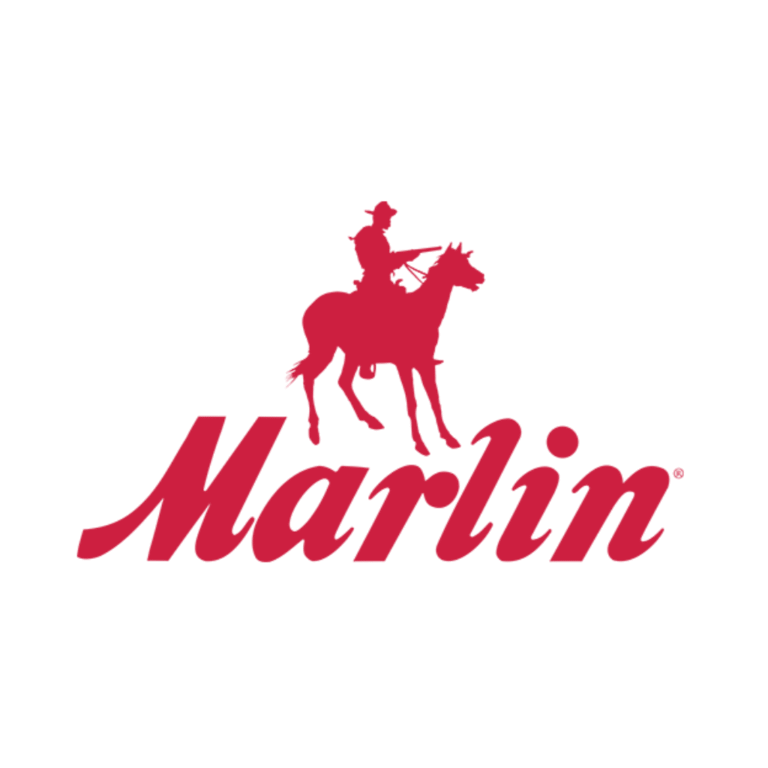 Red silhouette of a cowboy riding a horse above the word "Marlin" in bold, red, cursive-style letters on a white background.