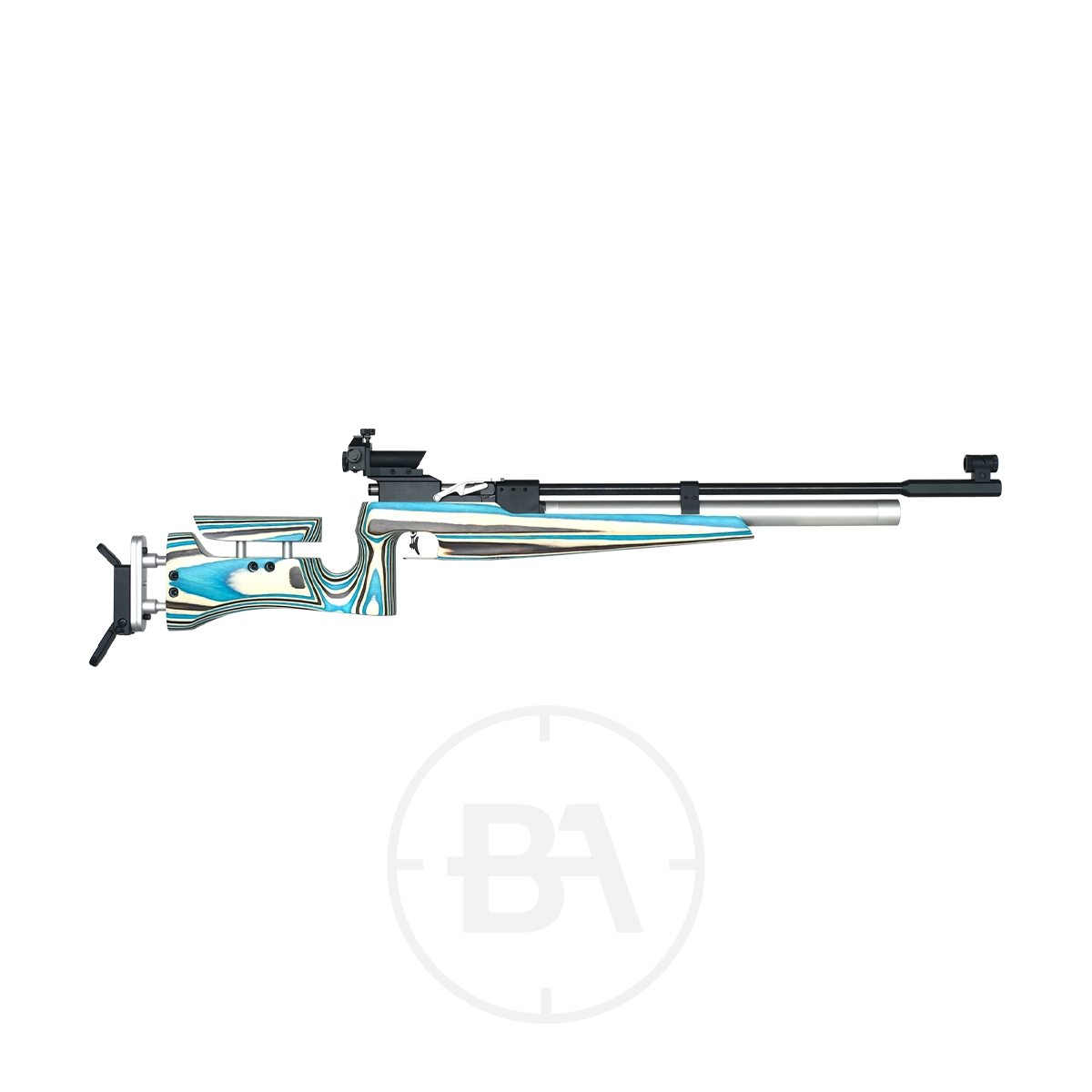 Snowpeak MAT300 Match Target Rifle 1 Side view of the Snowpeak MAT300 Match Target Rifle, showing its striking multicolored laminated stock, adjustable cheek rest, and long barrel, all set against a plain white background.