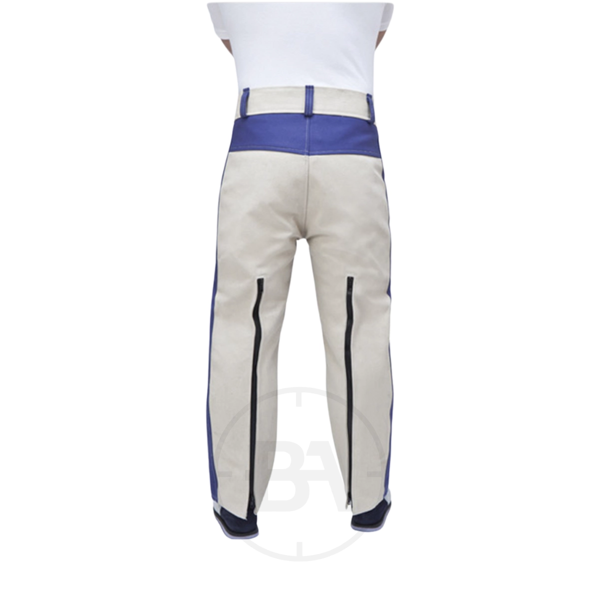 Gehmann Men's Tricolour Double Canvas Trousers 1 A person shown from behind wearing Gehmann Men's Tricolour Double Canvas Trousers in beige and blue, featuring black zippers running down the back of each leg.