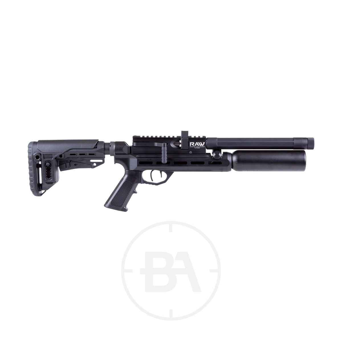 RAW Micro-Hunter PCP Air Rifle With Hard Case 1 Side view of the RAW Micro-Hunter PCP Air Rifle with adjustable stock, pistol grip, and large air cylinder in black, displayed on a white background. Includes hard case.