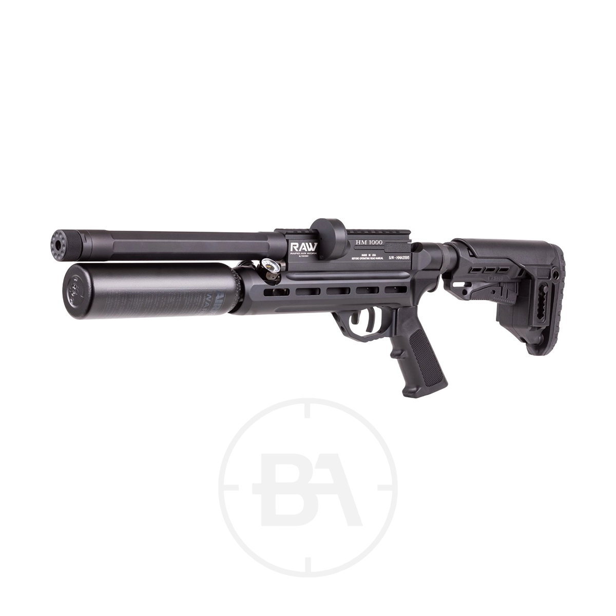 RAW Micro-Hunter PCP Air Rifle With Hard Case 3 A RAW Micro-Hunter PCP Air Rifle with a hard case is displayed on a white background.