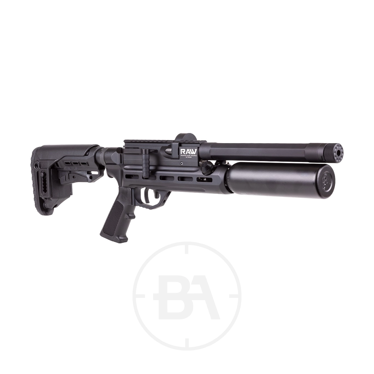 RAW Micro-Hunter PCP Air Rifle With Hard Case 9 The RAW Micro-Hunter PCP Air Rifle With Hard Case is shown in black with a tactical stock, pistol grip, and large cylindrical suppressor, displayed on a white background—perfect for enthusiasts and ready for use or secure storage.