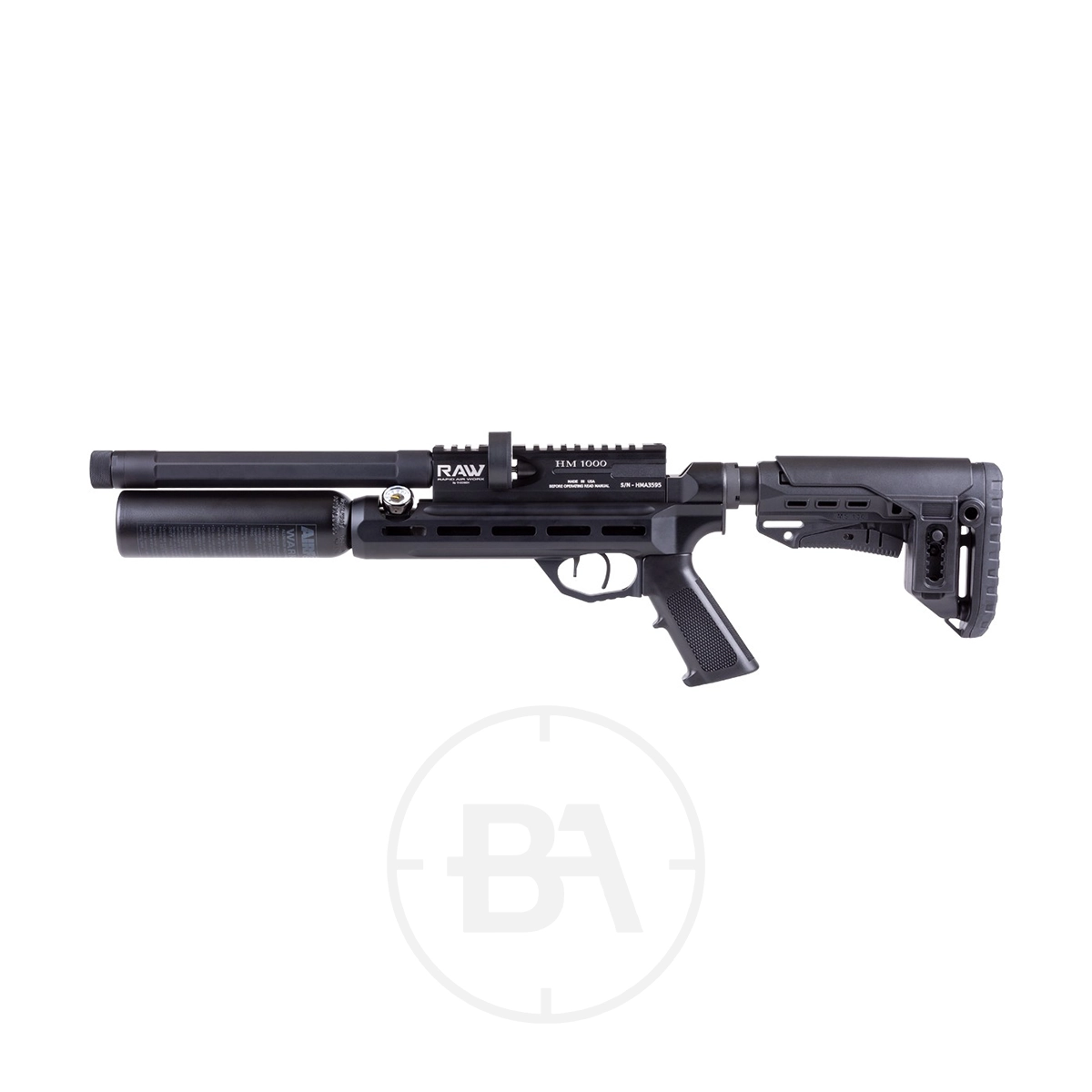 RAW Micro-Hunter PCP Air Rifle With Hard Case 7 Side view of the RAW Micro-Hunter PCP Air Rifle With Hard Case, shown in black with a tactical adjustable stock, large air cylinder, and Picatinny rail—displayed on a white background.