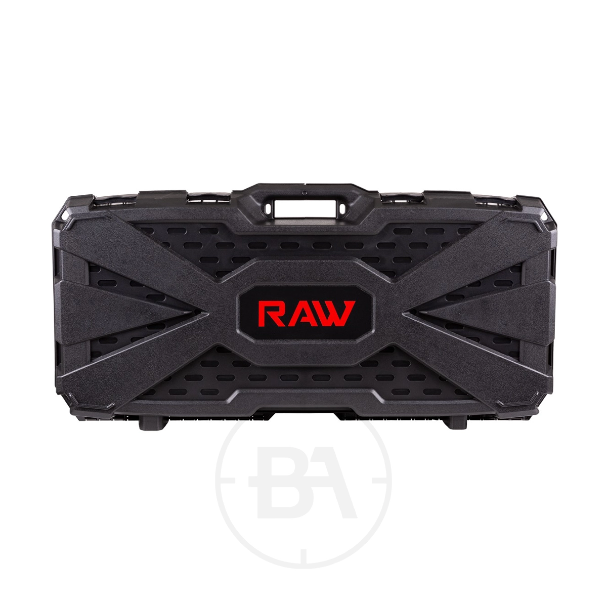 RAW Micro-Hunter PCP Air Rifle With Hard Case 5 The RAW Micro-Hunter PCP Air Rifle with Hard Case features a black, textured X-design case with a red RAW logo—ideal for storing your rifle or Micro-Hunter, displayed on a white background.