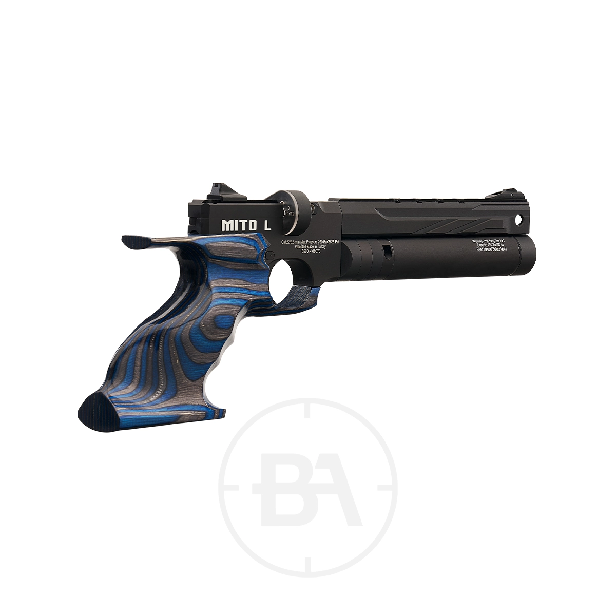 Reximex Mito Regulated PCP Pistol 7 A black Reximex Mito PCP pistol with a contoured blue and black ergonomic grip, labeled "MITO L," is displayed against a white background with a faint circular watermark. This model is chambered in .177 caliber.