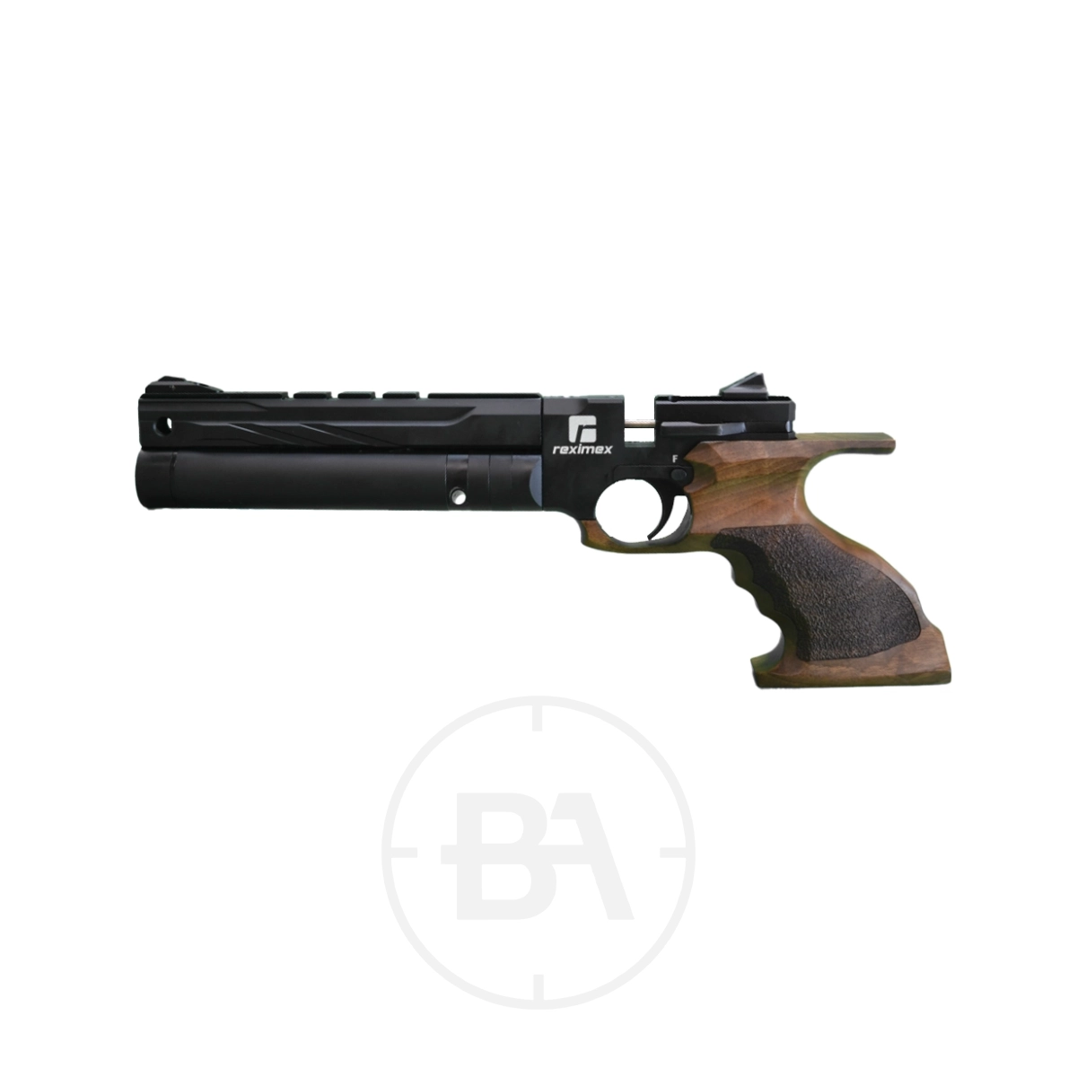 Reximex Mito Regulated PCP Pistol 1 The Reximex Mito Regulated PCP Pistol features black and brown accents with a wooden ergonomic grip, shown on a white background.
