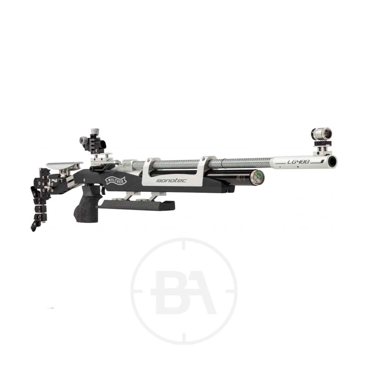 Carl Walther LG400 Monotec Match Target Rifle 2 The Walther LG400 Monotec Match Target Rifle features a sleek white and silver finish, adjustable sights, grip, and stock. Precision engineering is highlighted by the "LG400" and "Walther" insignia.