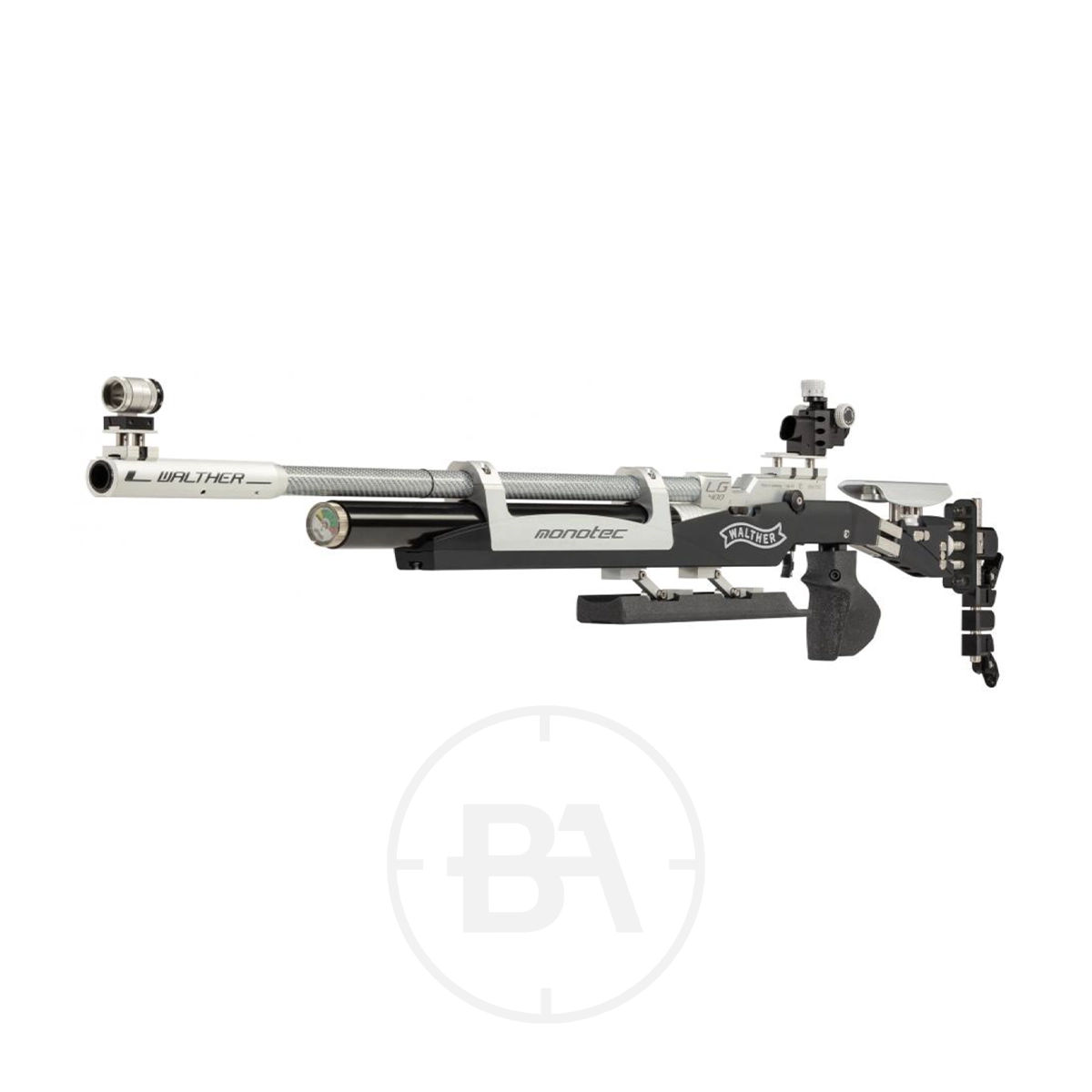 Carl Walther LG400 Monotec Match Target Rifle 4 The Walther LG400 Monotec Match Target Rifle features a precision design with a sleek metallic body and adjustable stock. Its long barrel and scope attachments stand out beautifully against a white background.