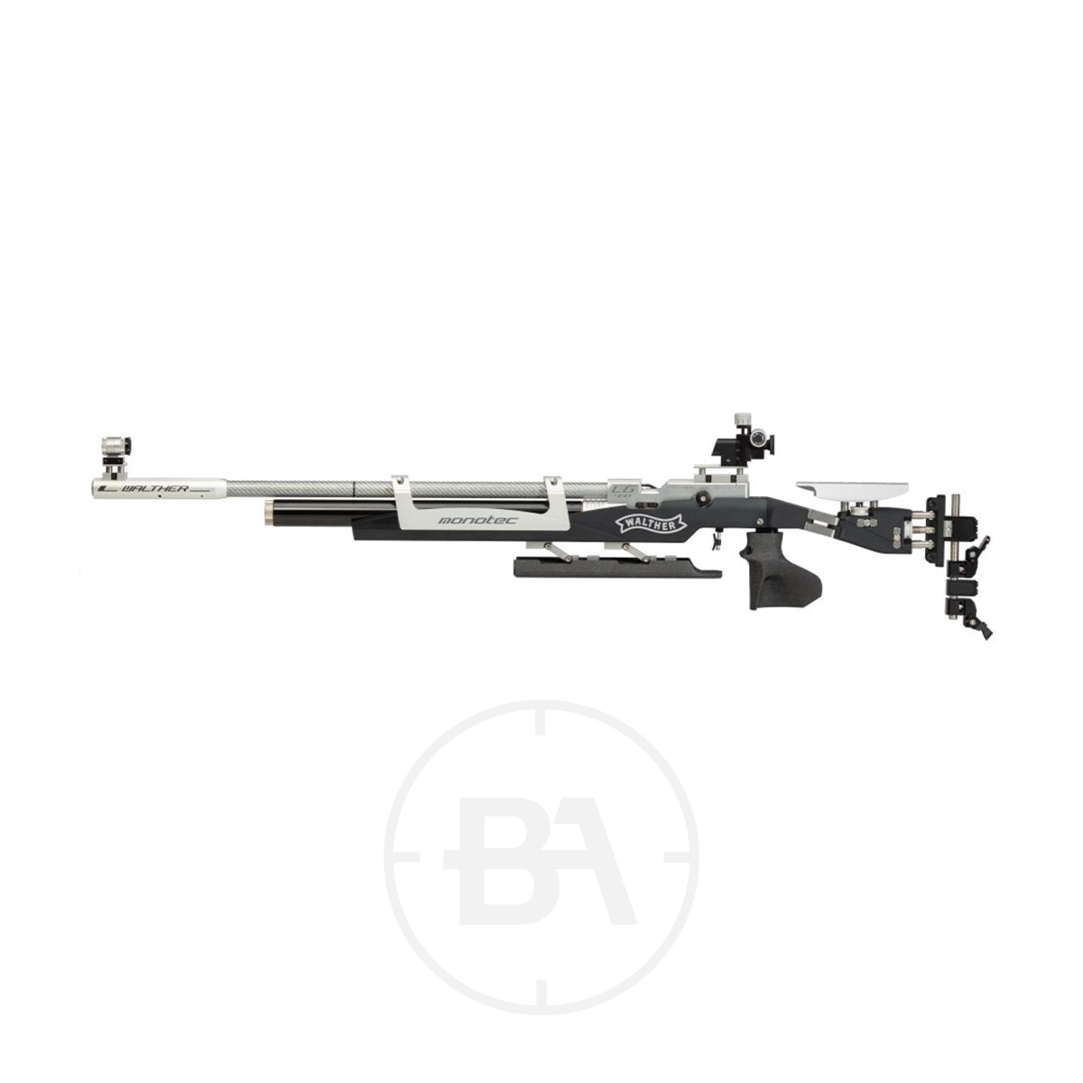 Carl Walther LG400 Monotec Match Target Rifle 3 Introducing the Walther LG400 Monotec Match Target Rifle, featuring a precision design in sleek gray and black colors with a long barrel and adjustable stock for ultimate accuracy.