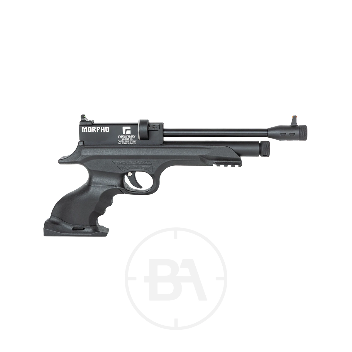 Reximex Morpho CO2 Pistol With Detachable Stock 2 A Reximex Morpho CO2 Pistol in black with an ergonomic grip and extended barrel is shown on a plain white background, displaying the branding and model name clearly on its side.