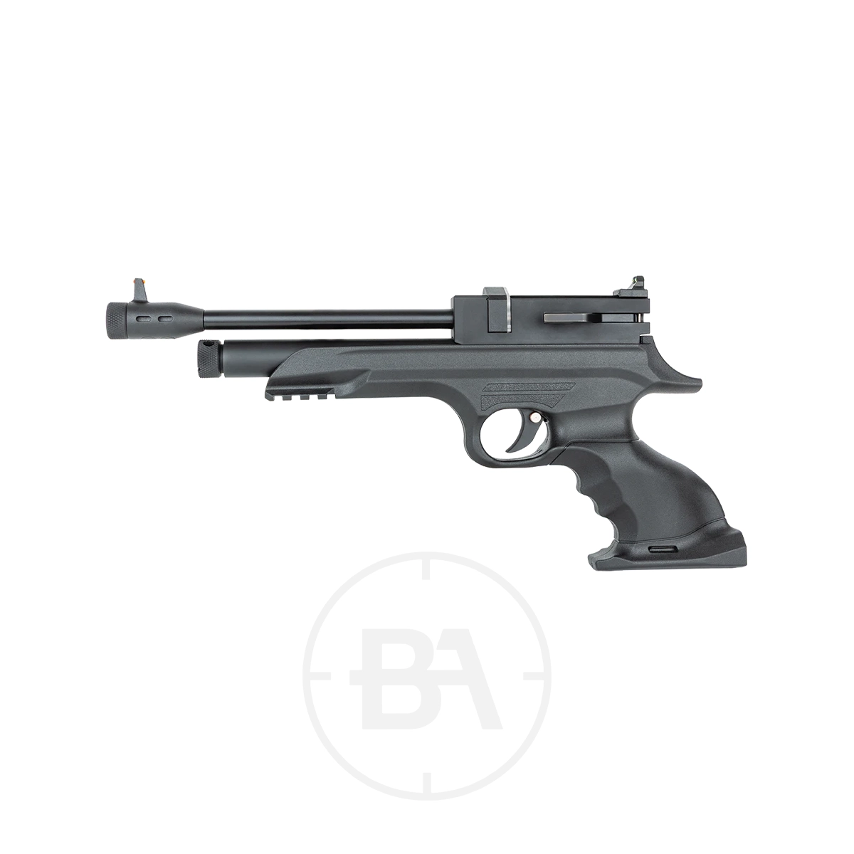 Reximex Morpho CO2 Pistol With Detachable Stock 1 The Reximex Morpho CO2 Pistol is shown in profile against a white background, featuring a black finish with a textured grip, barrel, and sight.