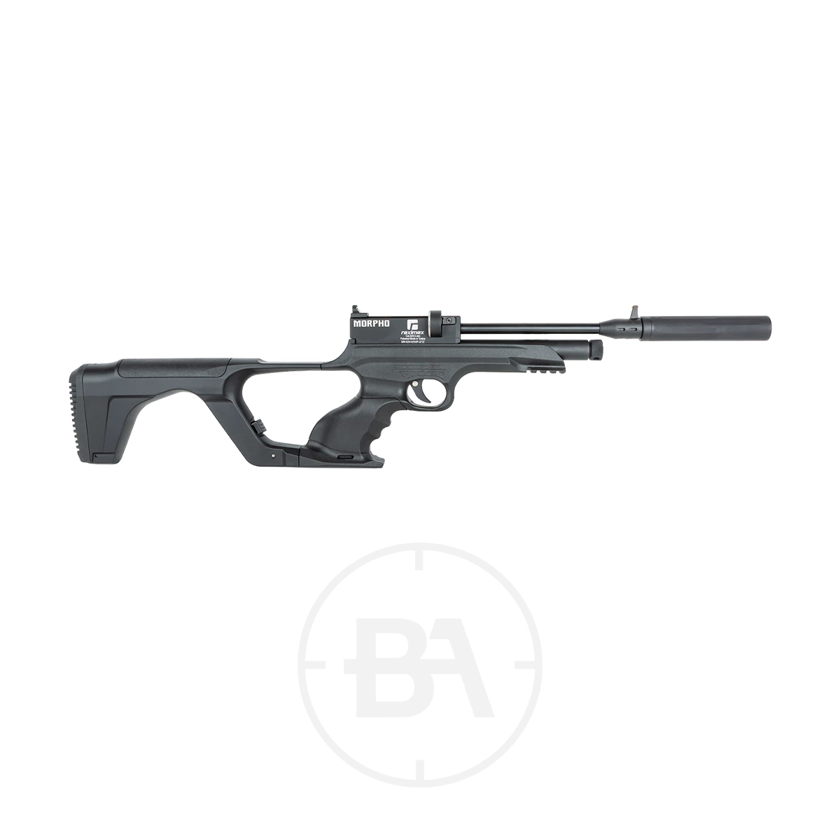 Reximex Morpho CO2 Pistol With Detachable Stock 3 A black Reximex Morpho CO2 Pistol featuring a tactical stock, scope rail, extended barrel, and ergonomic pistol grip is displayed on a white background.