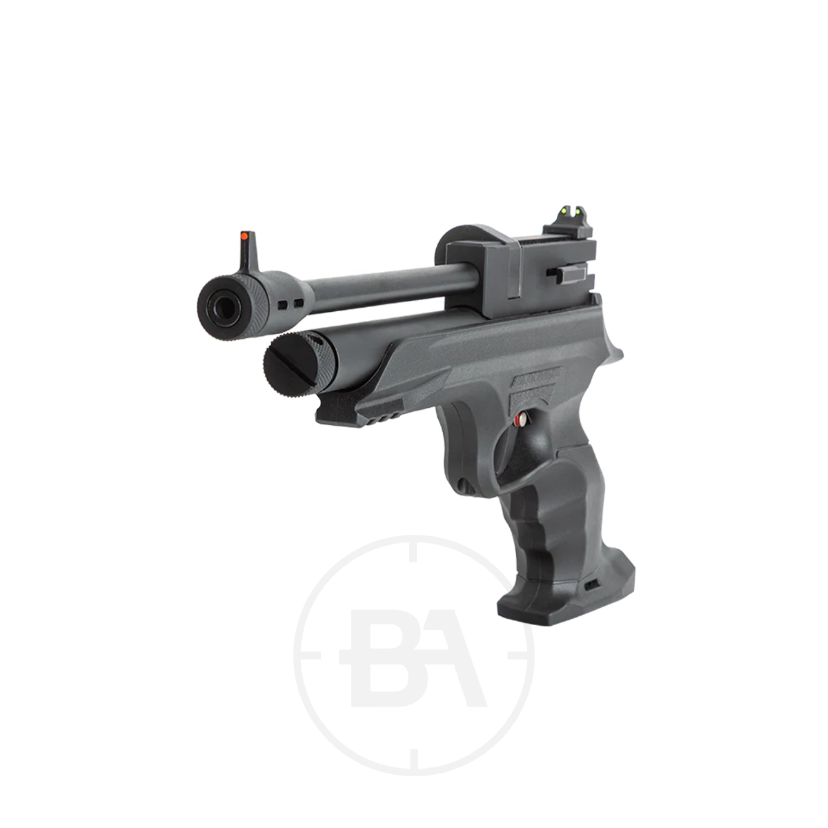 Reximex Morpho CO2 Pistol With Detachable Stock 4 A black Reximex Morpho CO2 Pistol featuring a textured grip, front sight, and barrel mounted above the air cylinder is displayed on a white background.