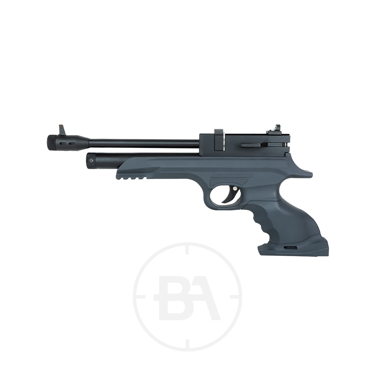 Reximex Morpho CO2 Pistol With Detachable Stock 9 A side view of a black and grey Reximex Morpho CO2 pistol with a textured grip, trigger, and a barrel extending above the frame, displayed on a plain white background.