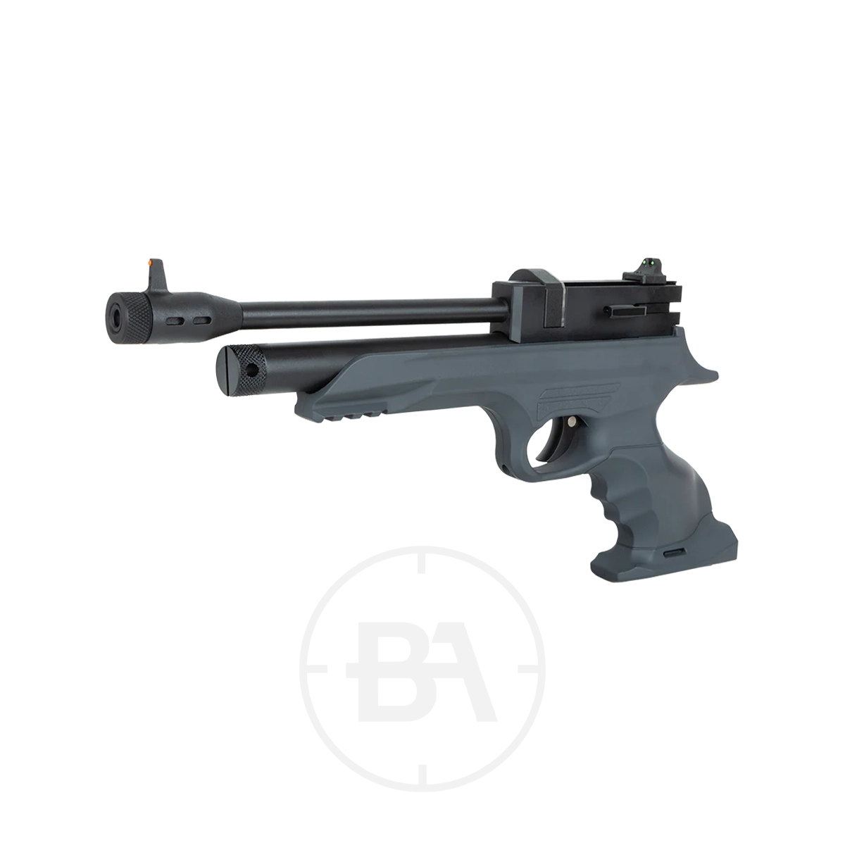 Reximex Morpho CO2 Pistol With Detachable Stock 8 The Reximex Morpho CO2 Pistol With Detachable Stock features a black and grey finish, ergonomic grip, long barrel, and detachable stock, shown isolated on a white background.