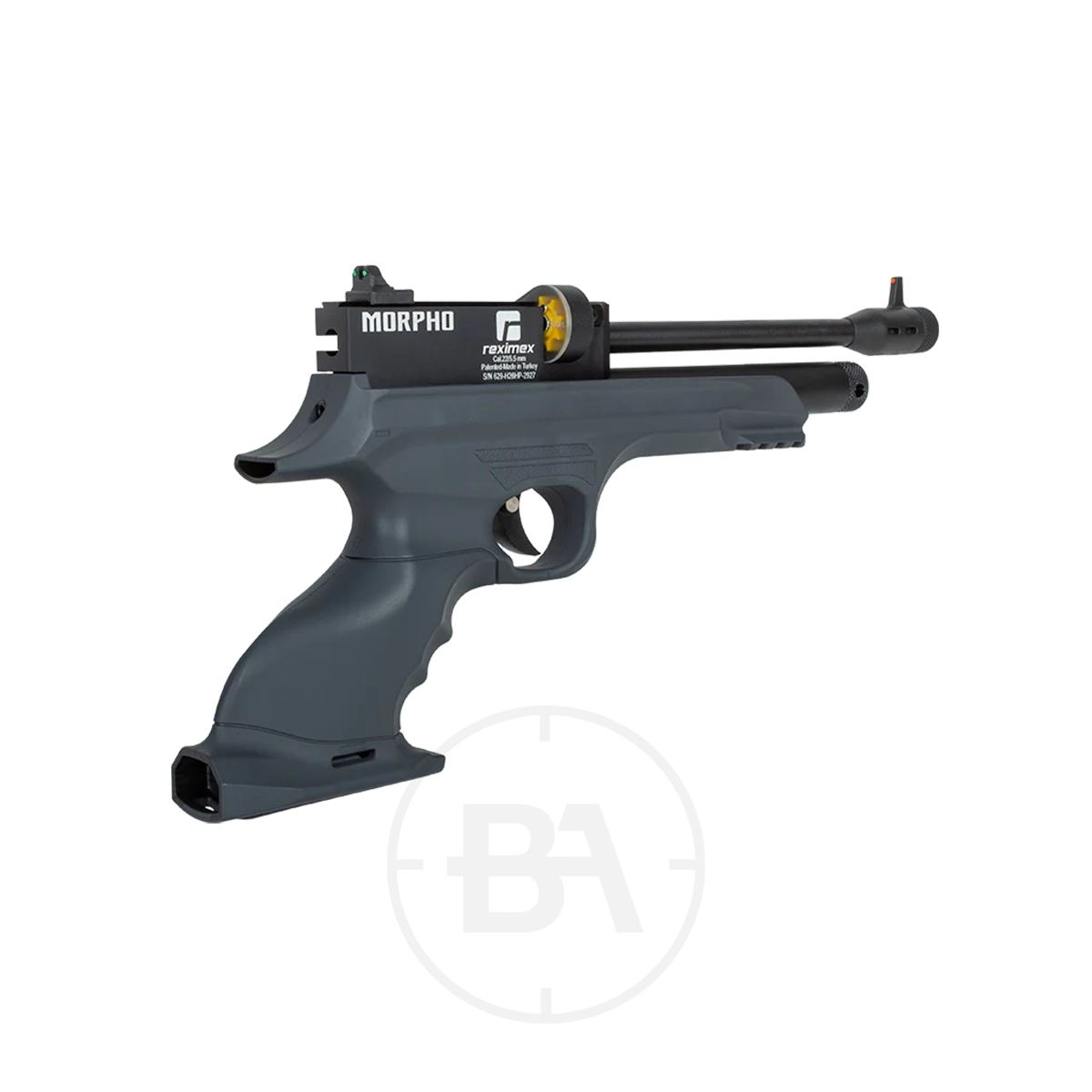 Reximex Morpho CO2 Pistol With Detachable Stock 6 A black and grey Reximex Morpho CO2 Pistol with detachable stock features a long barrel, ergonomic grip, visible sight, and "Morpho" with the brand name printed above the trigger.